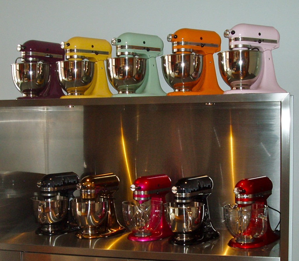 Current Kitchen-Aid mixers on display at World of Whirlpool, kitchen design
